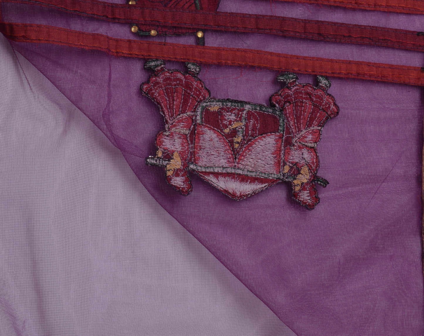Sushila Vintage Indian Purple Saree Net Mesh Patch Work Sari Craft 5 Yard Fabric
