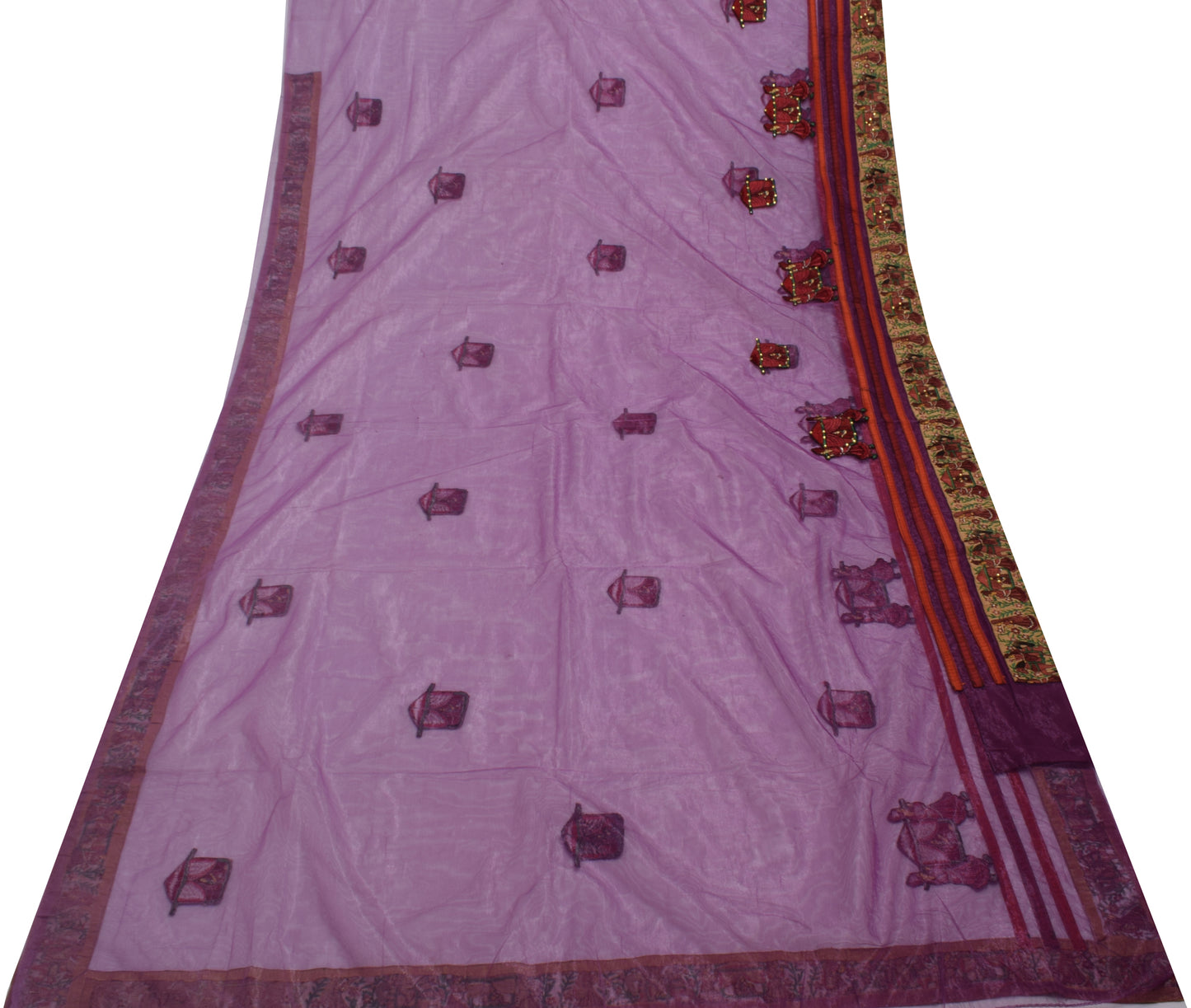 Sushila Vintage Indian Purple Saree Net Mesh Patch Work Sari Craft 5 Yard Fabric
