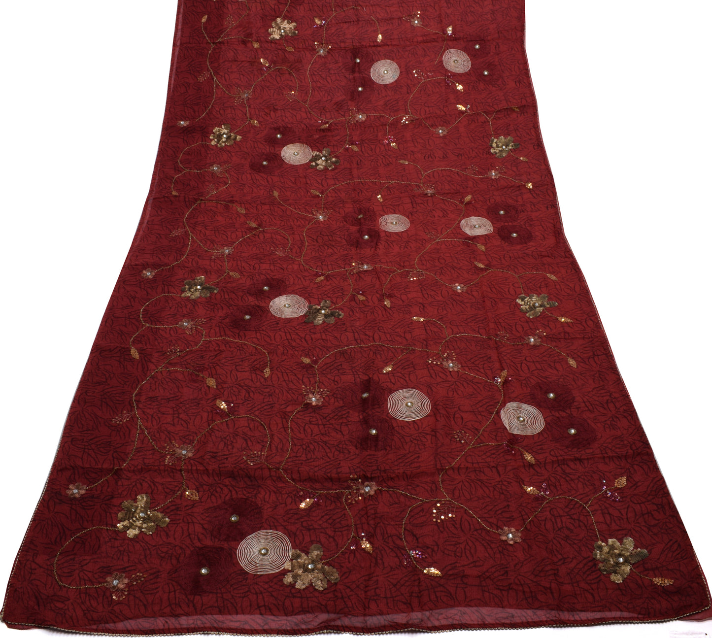 Sushila Vintage Maroon Saree Pure Georgette Hand Beaded & Printed Sari Fabric