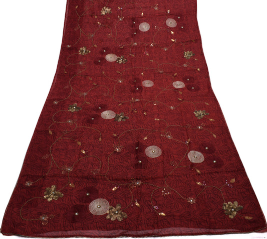 Sushila Vintage Maroon Saree Pure Georgette Hand Beaded & Printed Sari Fabric