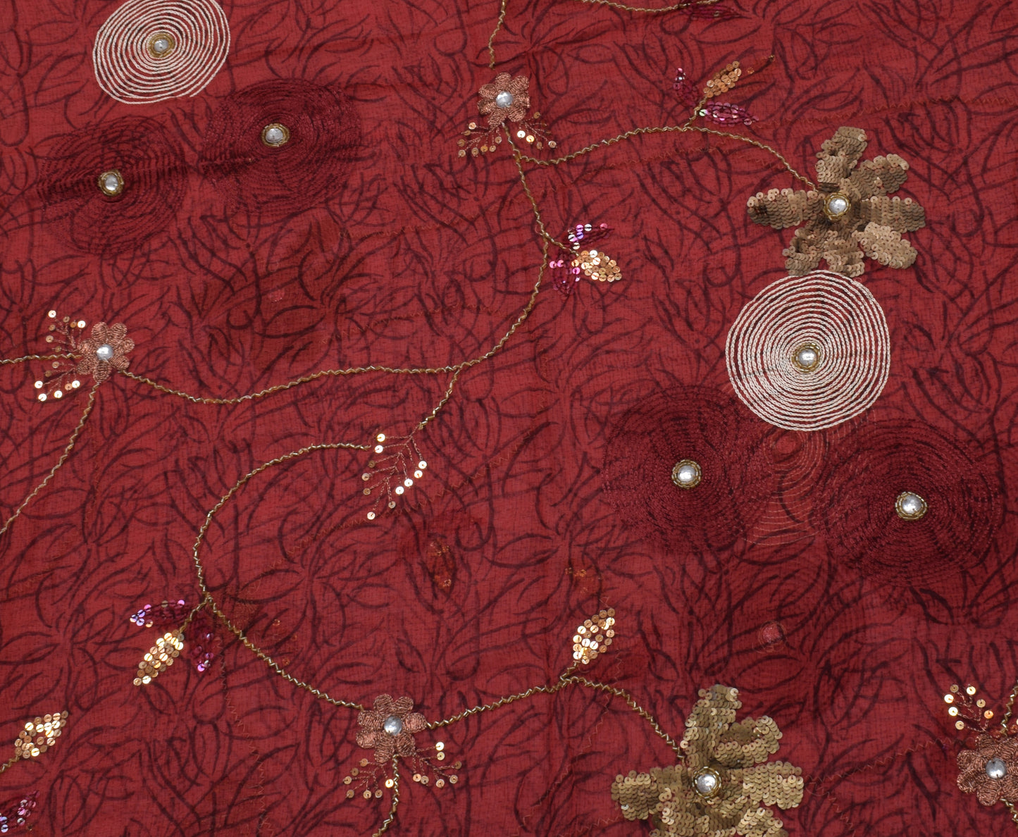 Sushila Vintage Maroon Saree Pure Georgette Hand Beaded & Printed Sari Fabric