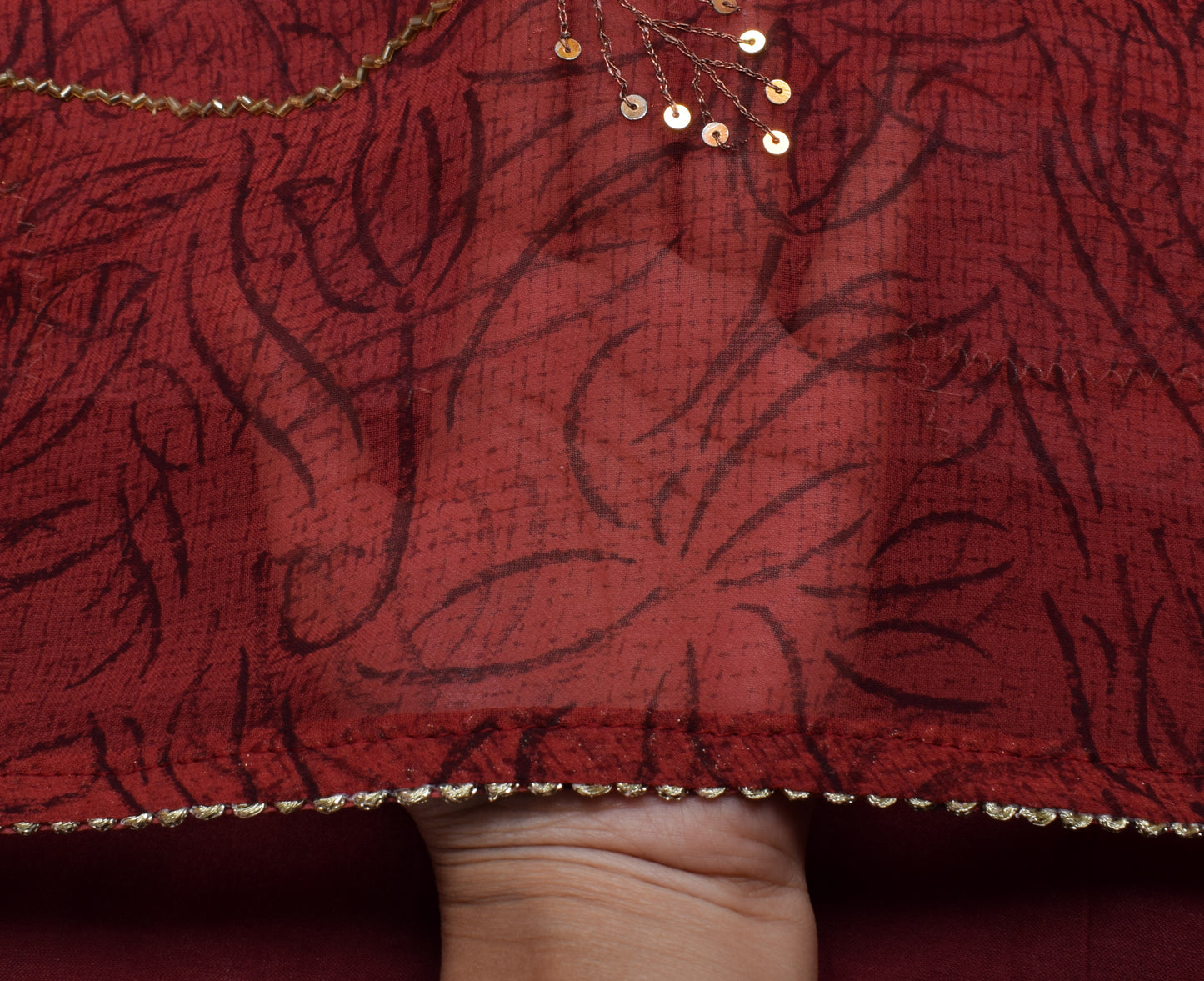 Sushila Vintage Maroon Saree Pure Georgette Hand Beaded & Printed Sari Fabric