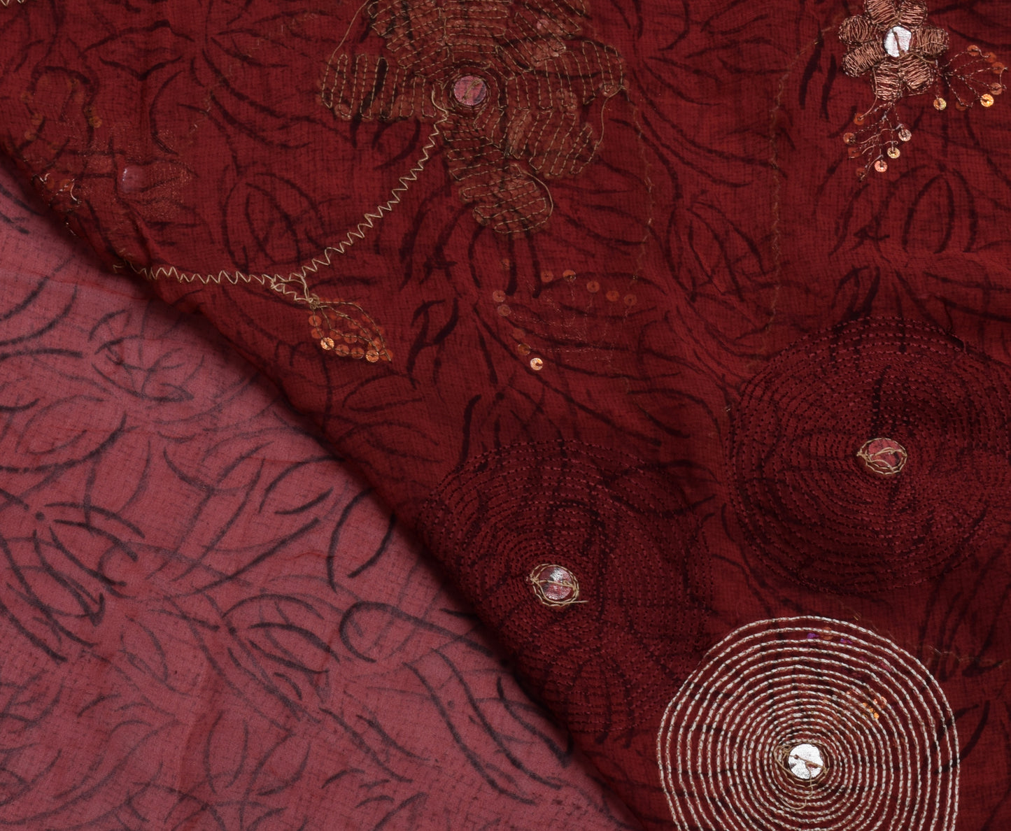 Sushila Vintage Maroon Saree Pure Georgette Hand Beaded & Printed Sari Fabric