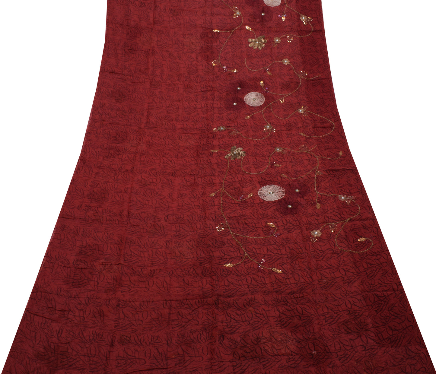 Sushila Vintage Maroon Saree Pure Georgette Hand Beaded & Printed Sari Fabric