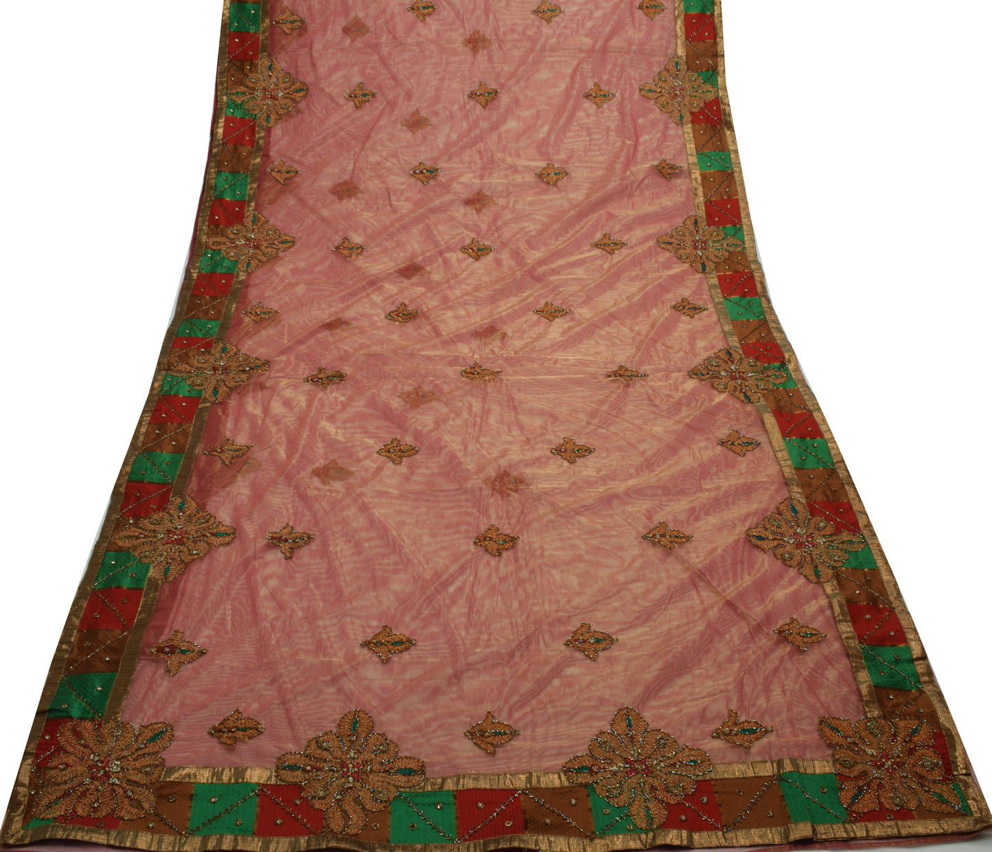 Sushila Vintage HEAVY Pink Saree Net Mesh Hand Beaded Floral Sari Craft 5 YD Fabric