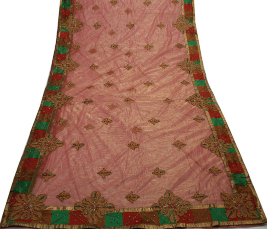 Sushila Vintage HEAVY Pink Saree Net Mesh Hand Beaded Floral Sari Craft 5 YD Fabric