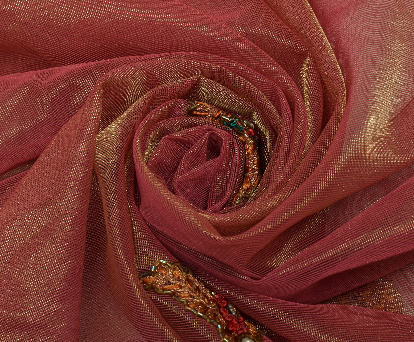 Sushila Vintage HEAVY Pink Saree Net Mesh Hand Beaded Floral Sari Craft 5 YD Fabric