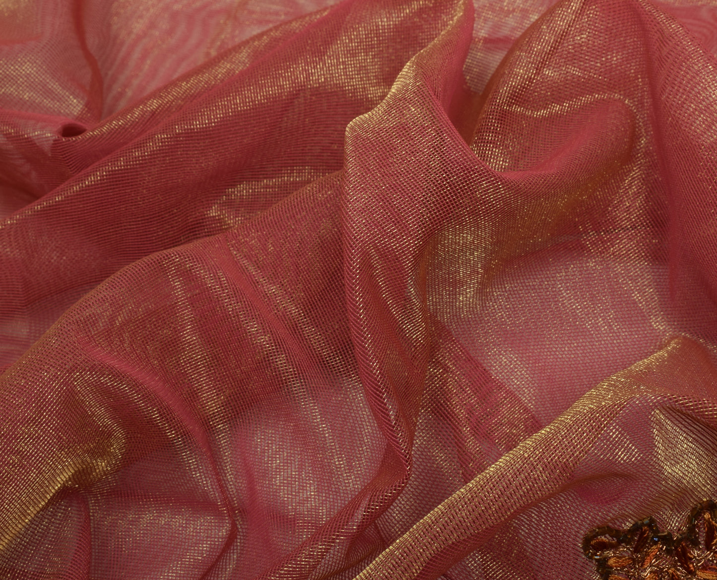 Sushila Vintage HEAVY Pink Saree Net Mesh Hand Beaded Floral Sari Craft 5 YD Fabric
