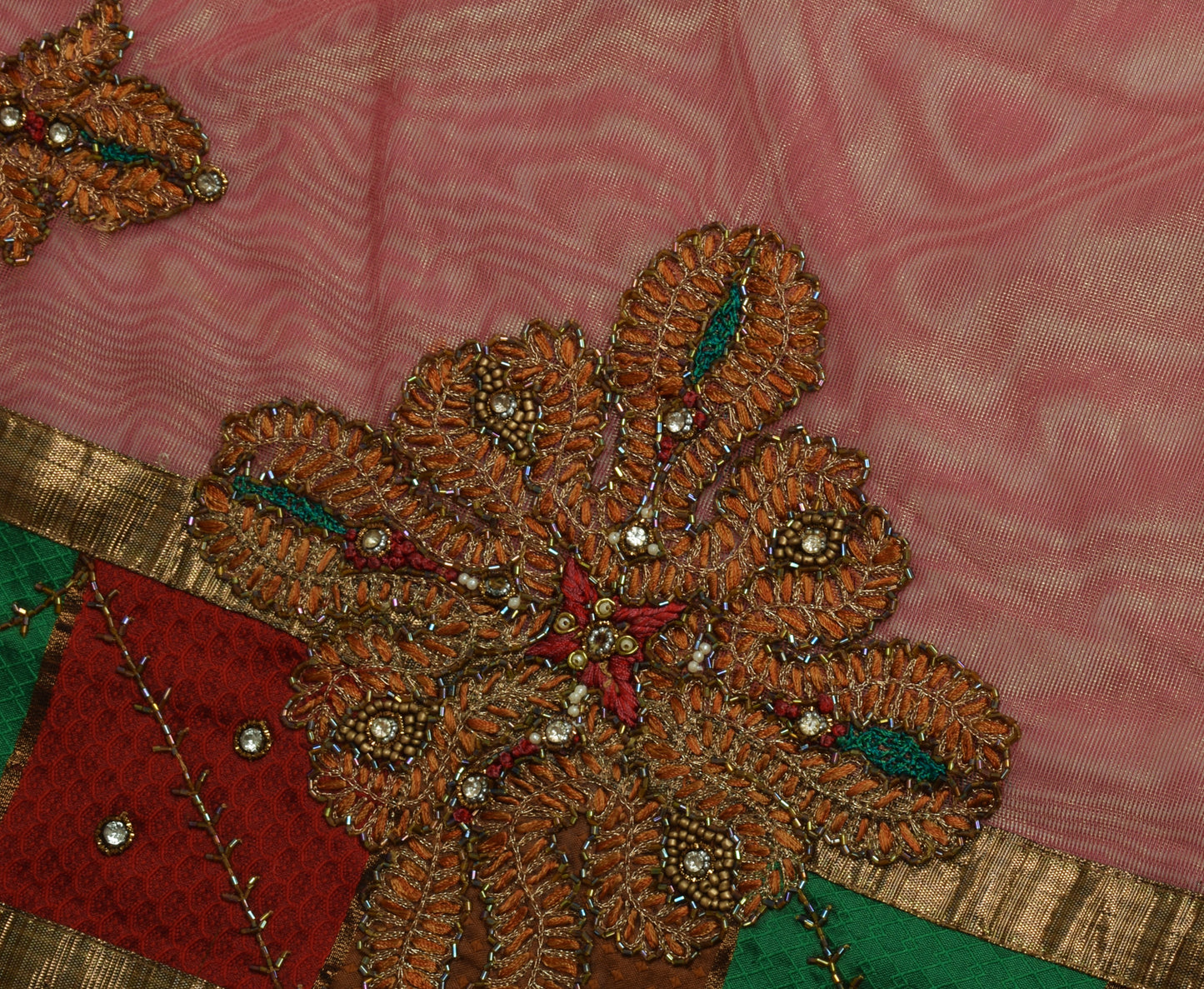 Sushila Vintage HEAVY Pink Saree Net Mesh Hand Beaded Floral Sari Craft 5 YD Fabric
