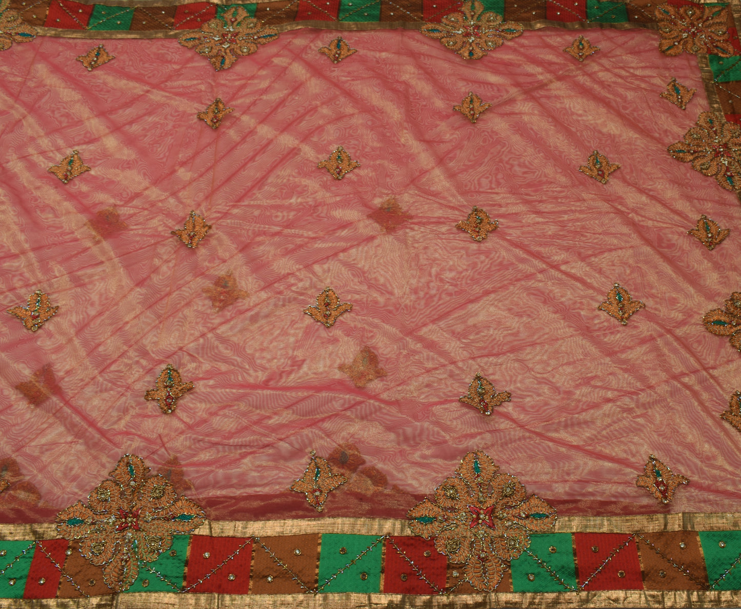 Sushila Vintage HEAVY Pink Saree Net Mesh Hand Beaded Floral Sari Craft 5 YD Fabric