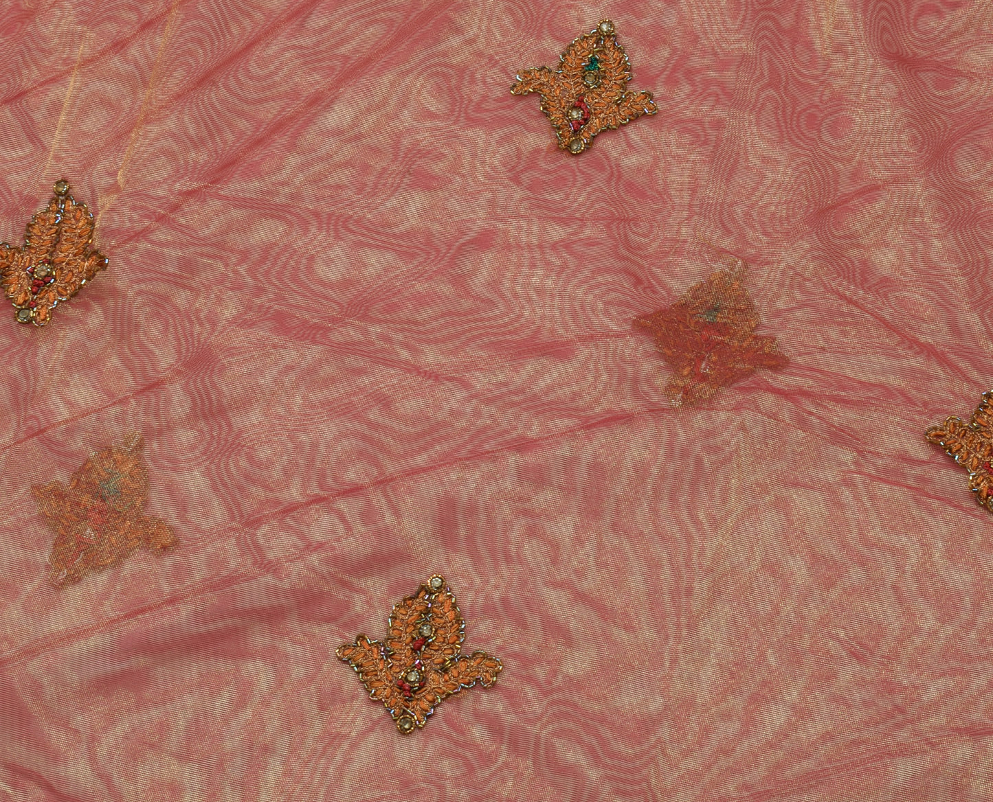 Sushila Vintage HEAVY Pink Saree Net Mesh Hand Beaded Floral Sari Craft 5 YD Fabric
