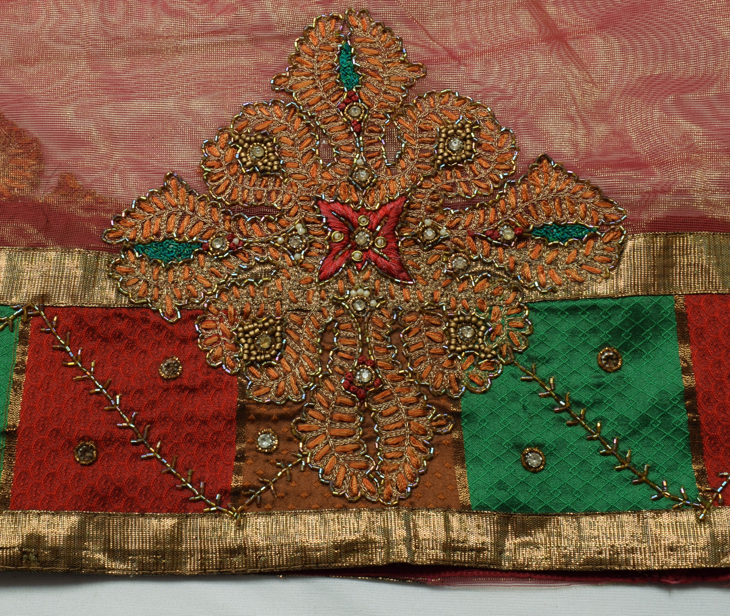 Sushila Vintage HEAVY Pink Saree Net Mesh Hand Beaded Floral Sari Craft 5 YD Fabric