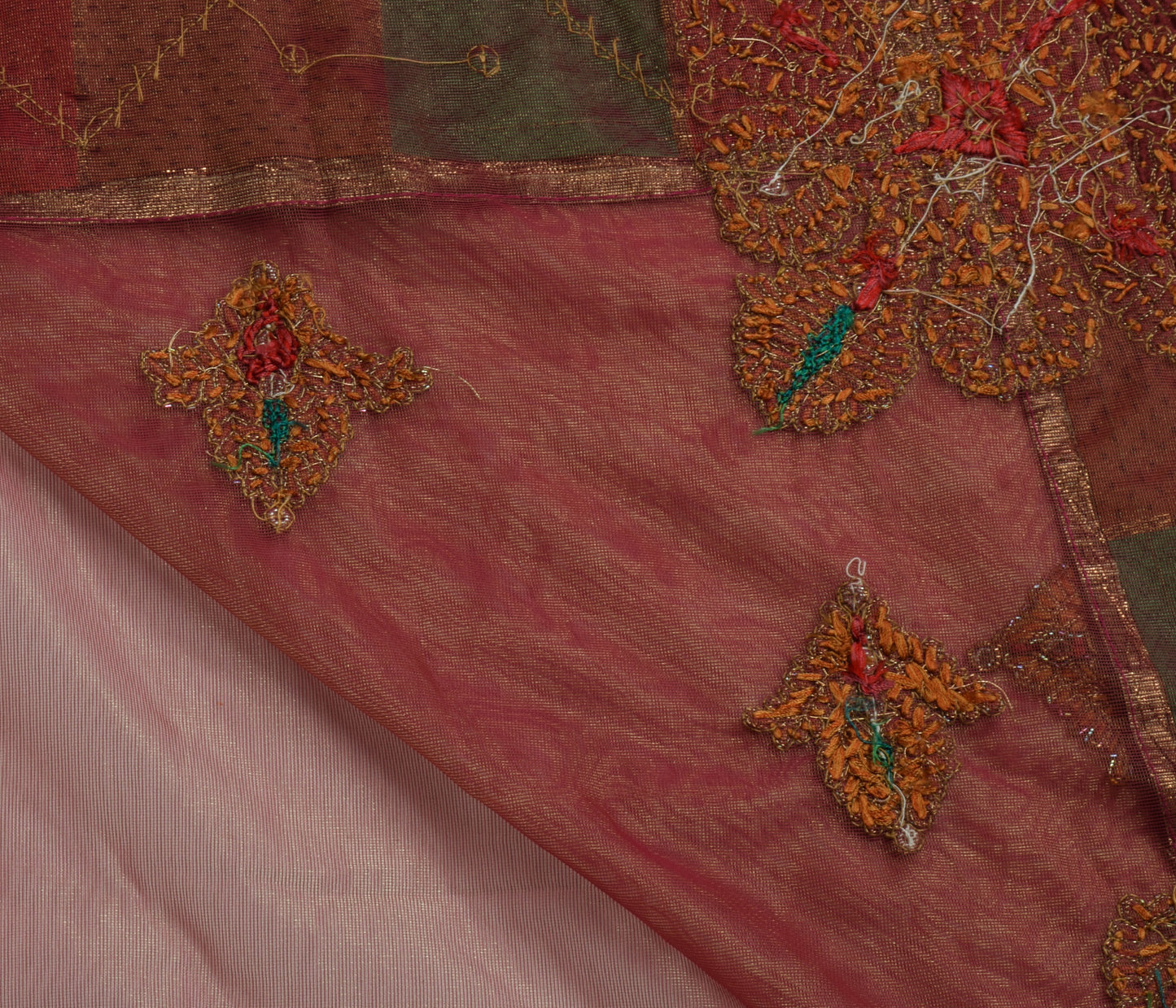 Sushila Vintage HEAVY Pink Saree Net Mesh Hand Beaded Floral Sari Craft 5 YD Fabric