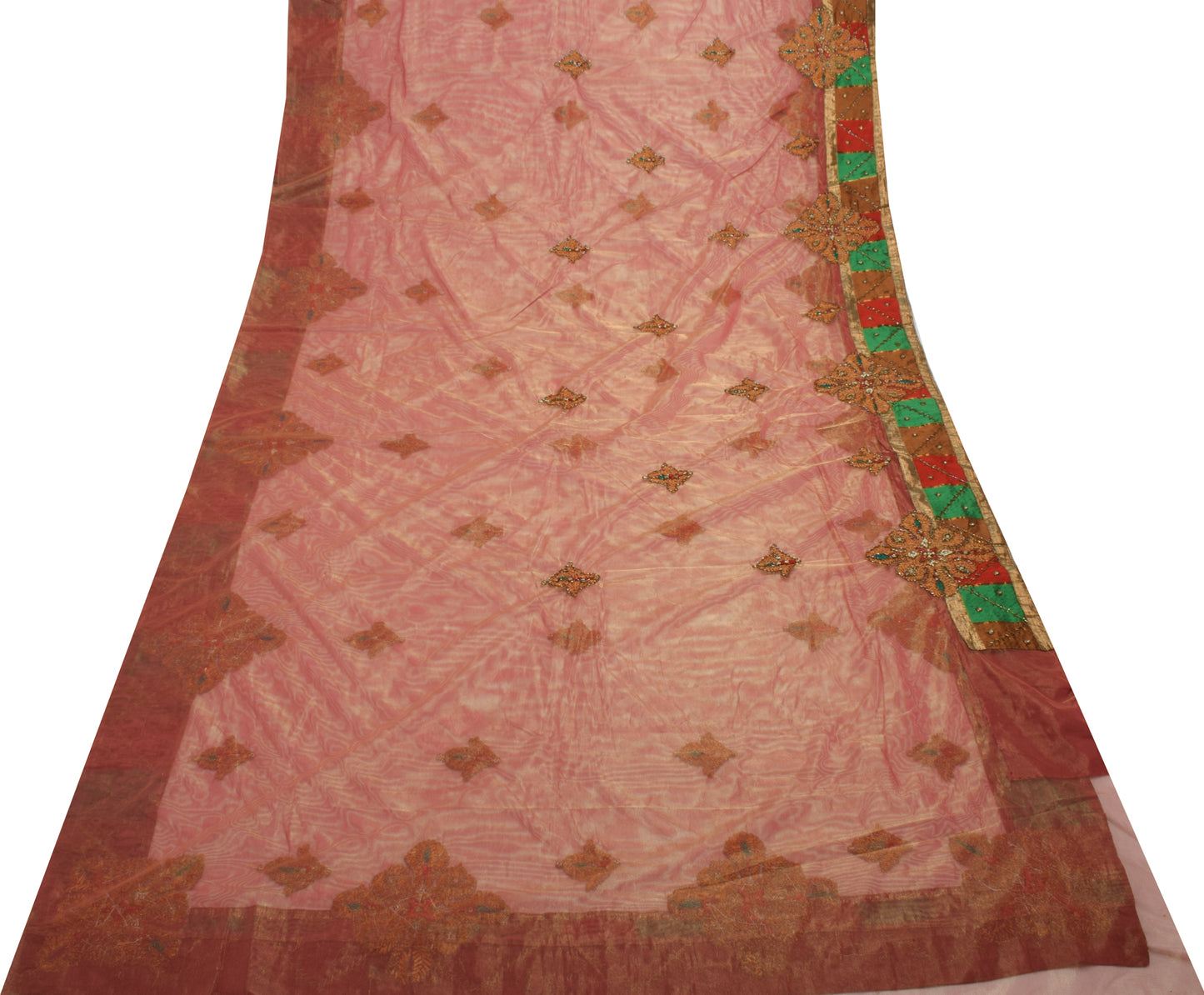 Sushila Vintage HEAVY Pink Saree Net Mesh Hand Beaded Floral Sari Craft 5 YD Fabric