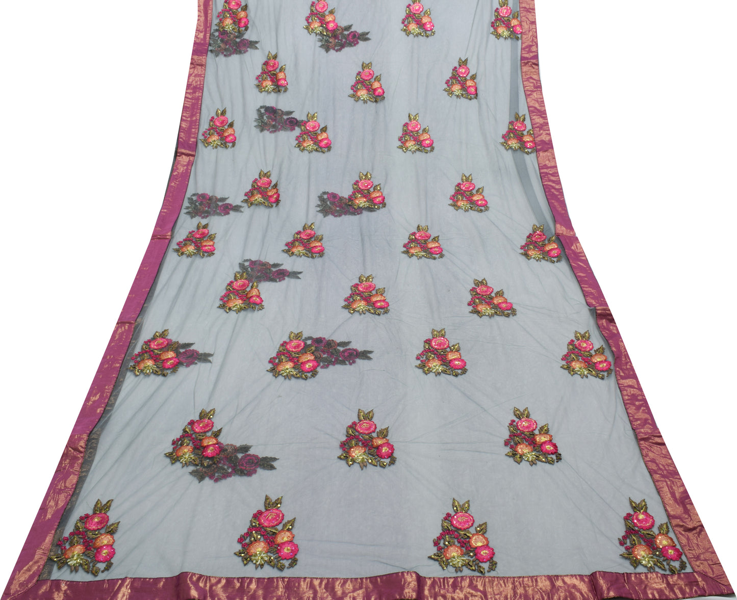 Sushila Vintage Grayish Blue Saree Net Mesh Embroidered Floral Sari Craft Fabric