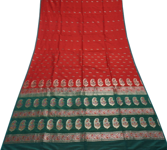 Sushila Vintage Indian Red Saree 100% Pure Silk Woven 5 Yard Sari Craft Fabric
