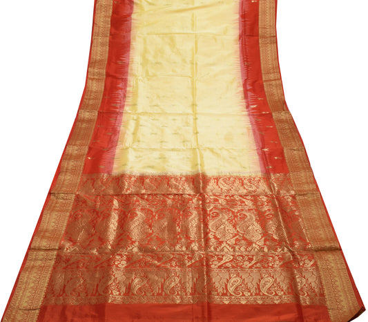 Sushila Vintage Indian Beige Saree Blend Silk Woven Floral Sari Craft Fabric