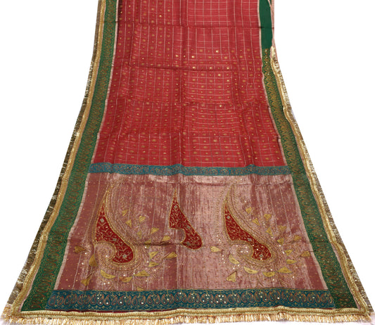 Sushila Vintage Red Saree 100% Pure Silk Hand Beaded & Woven Craft Sari Fabric