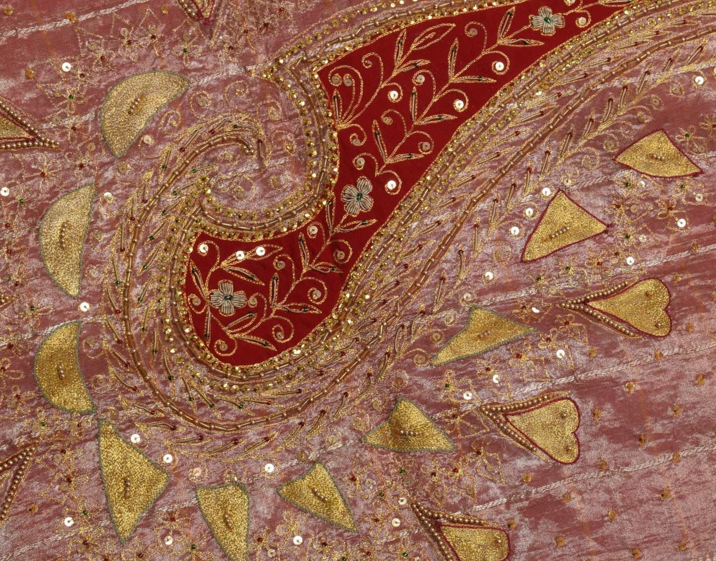 Sushila Vintage Red Saree 100% Pure Silk Hand Beaded & Woven Craft Sari Fabric