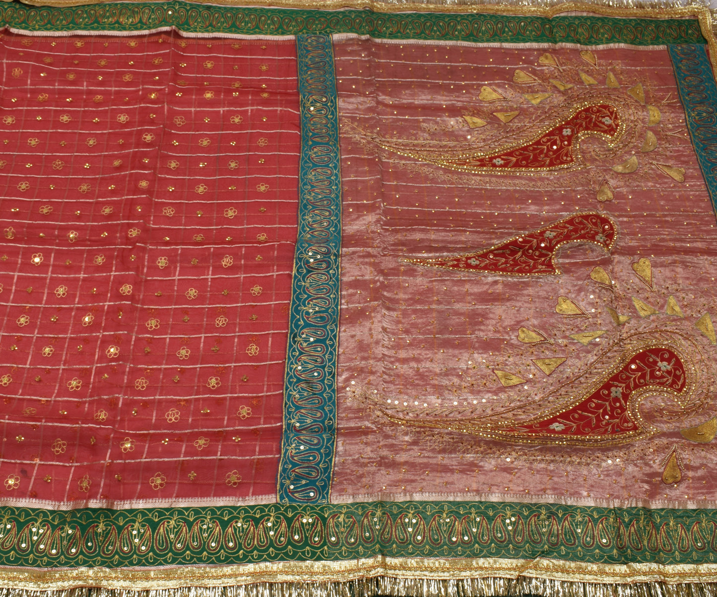 Sushila Vintage Red Saree 100% Pure Silk Hand Beaded & Woven Craft Sari Fabric