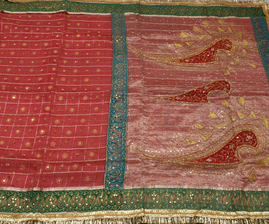 Sushila Vintage Red Saree 100% Pure Silk Hand Beaded & Woven Craft Sari Fabric