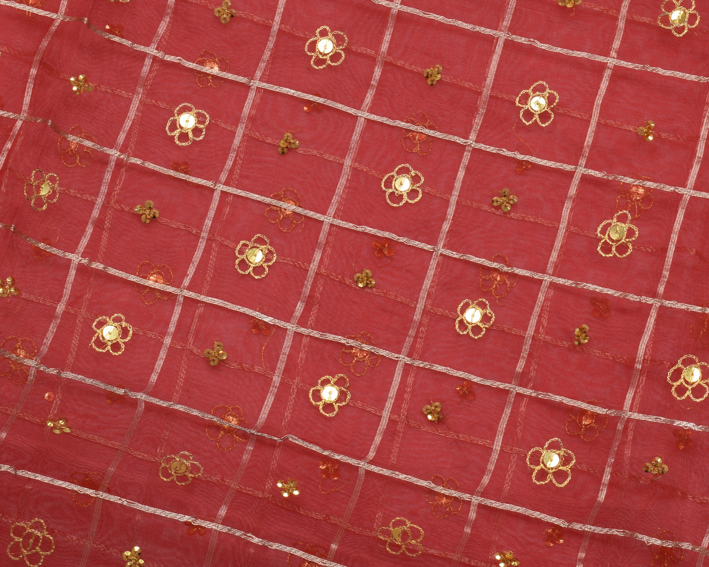 Sushila Vintage Red Saree 100% Pure Silk Hand Beaded & Woven Craft Sari Fabric