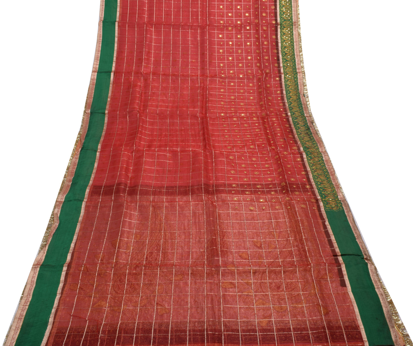 Sushila Vintage Red Saree 100% Pure Silk Hand Beaded & Woven Craft Sari Fabric