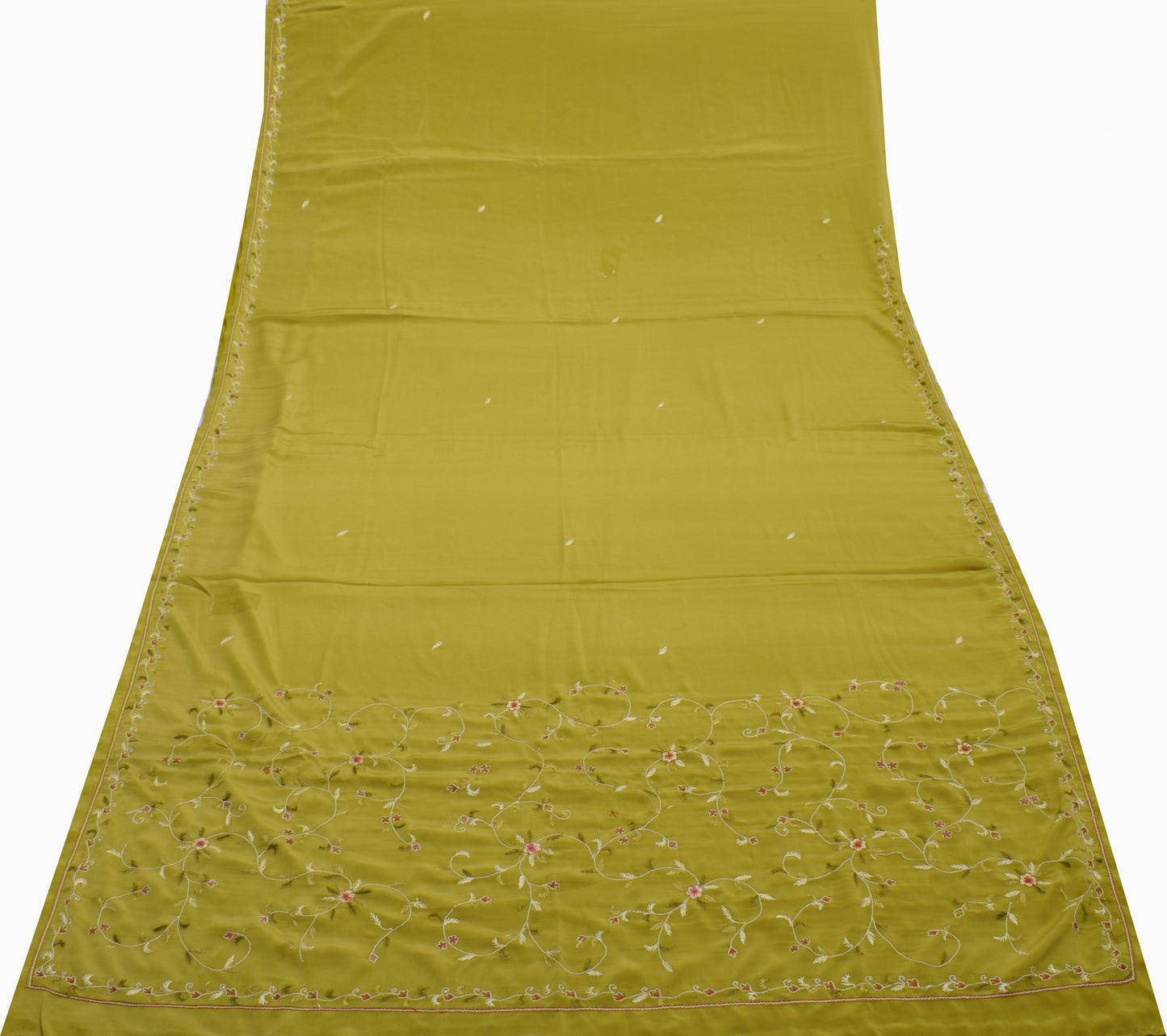 Sushila Vintage Green Saree Blend Crepe Silk Hand Embroidered Floral Sari Fabric