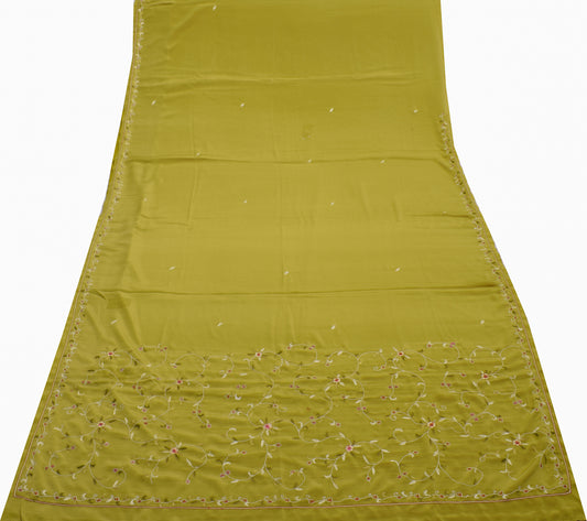 Sushila Vintage Green Saree Blend Crepe Silk Hand Embroidered Floral Sari Fabric