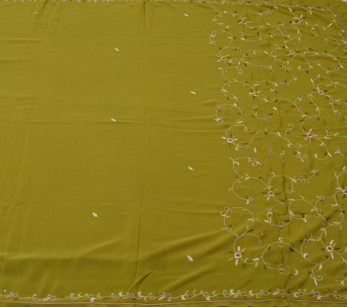 Sushila Vintage Green Saree Blend Crepe Silk Hand Embroidered Floral Sari Fabric