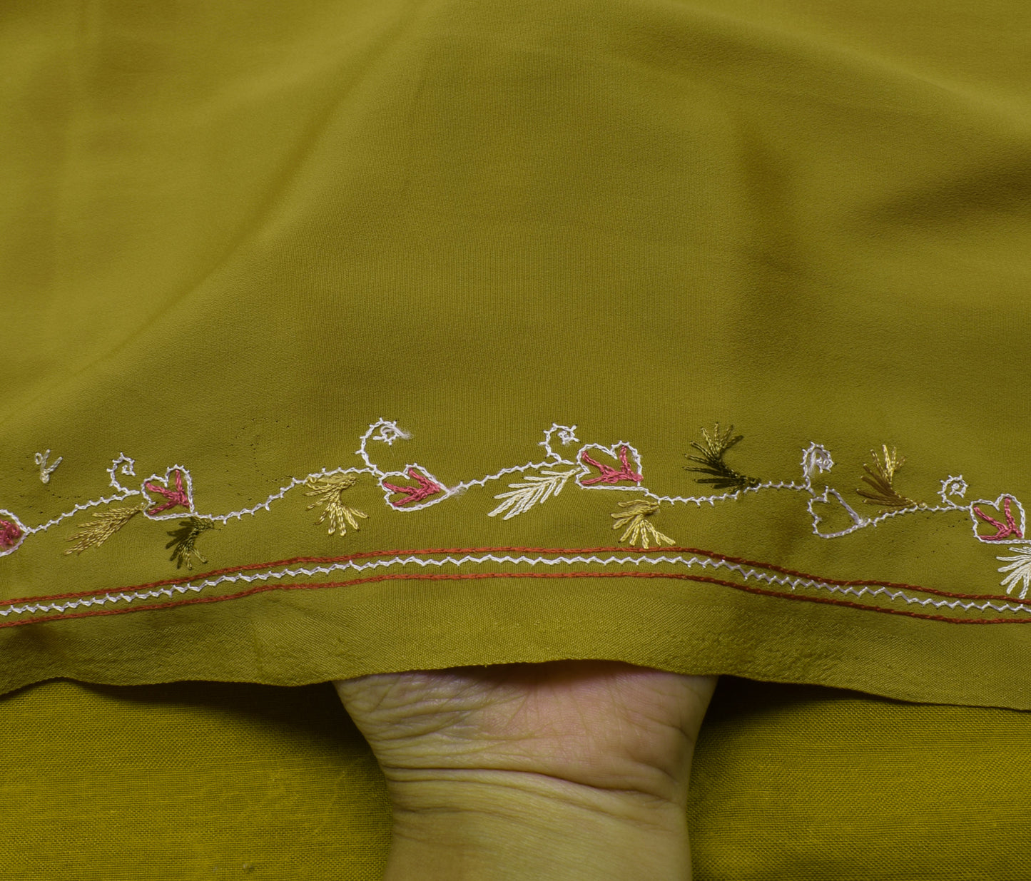 Sushila Vintage Green Saree Blend Crepe Silk Hand Embroidered Floral Sari Fabric