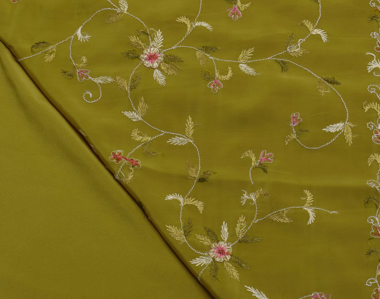 Sushila Vintage Green Saree Blend Crepe Silk Hand Embroidered Floral Sari Fabric