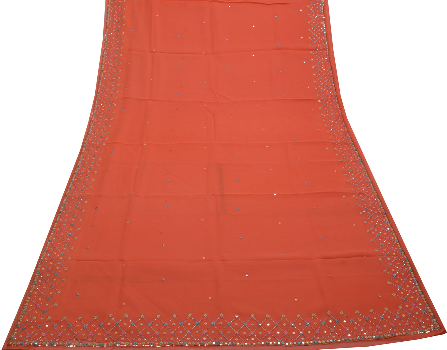Sushila Vintage Peach Saree Pure Georgette Silk Hand Beaded Sari Craft Fabric