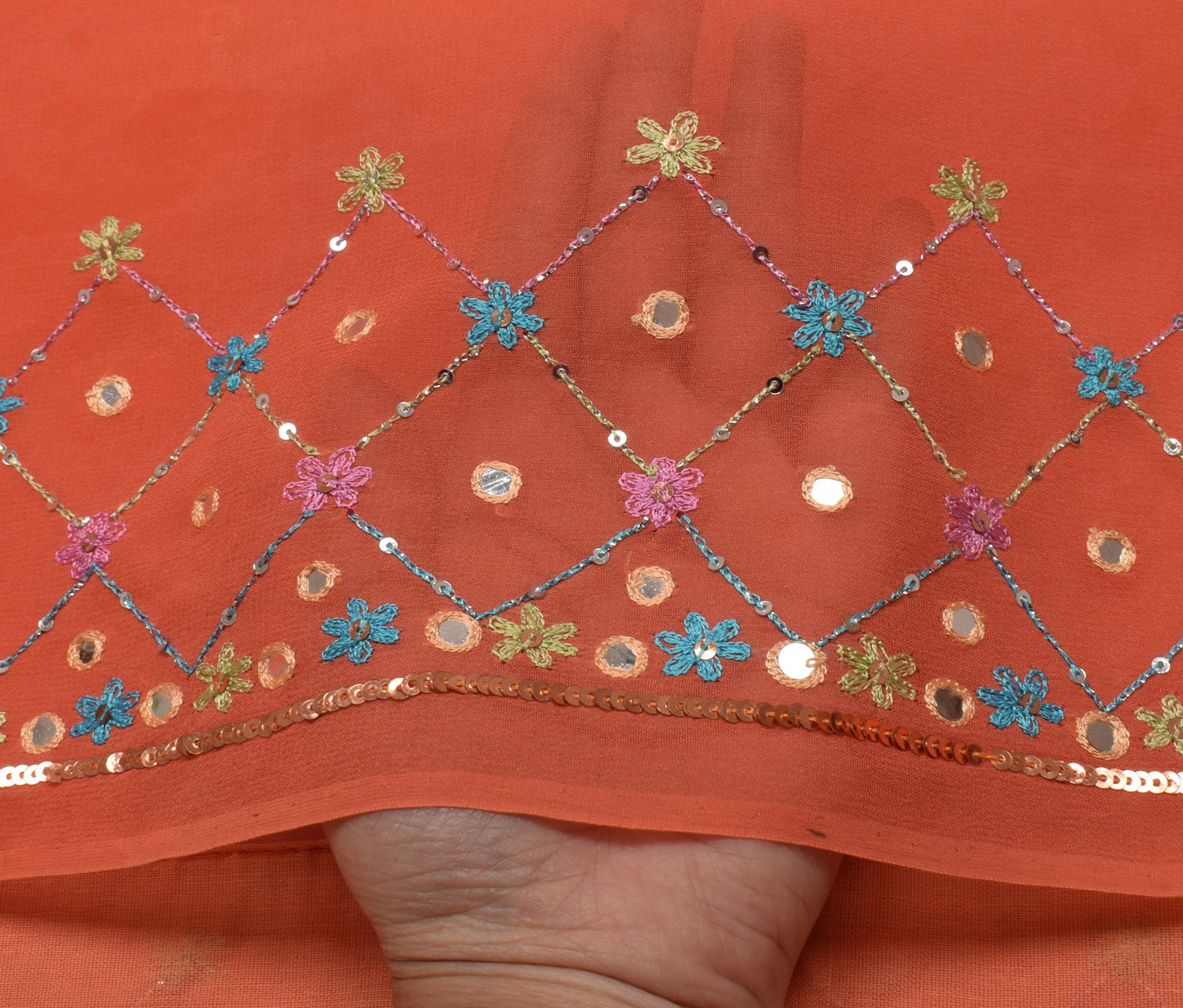 Sushila Vintage Peach Saree Pure Georgette Silk Hand Beaded Sari Craft Fabric