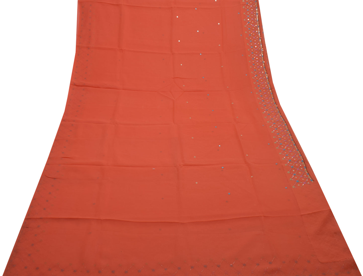 Sushila Vintage Peach Saree Pure Georgette Silk Hand Beaded Sari Craft Fabric