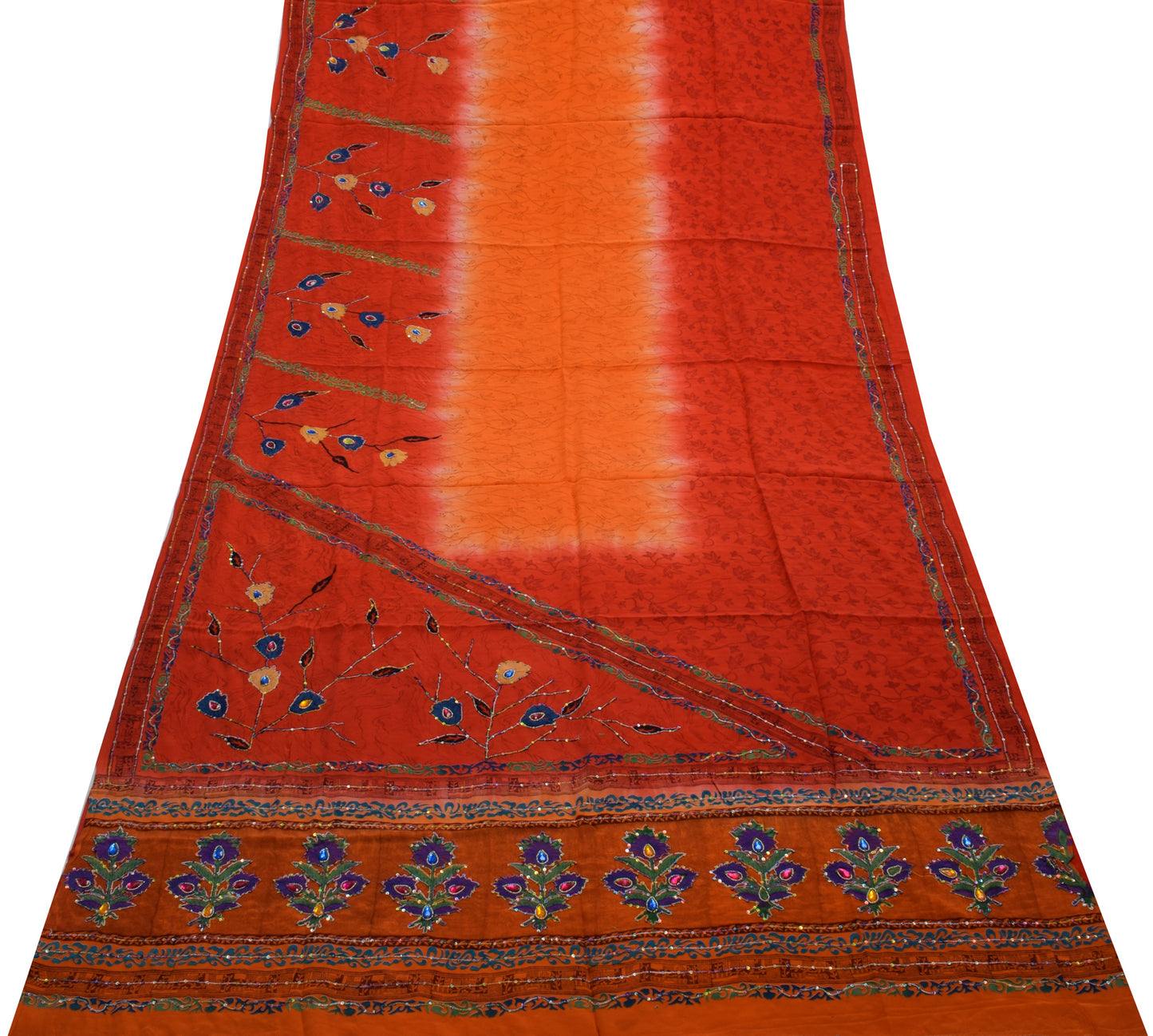 Sushila Vintage Red Orange Saree Pure Crepe Silk Printed Floral Aari Work Sari Craft Fabric