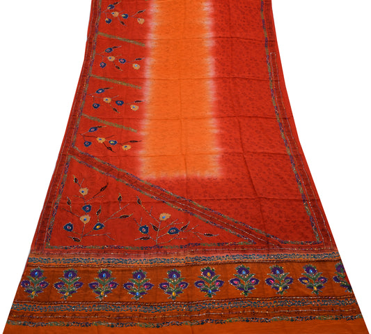Sushila Vintage Red Orange Saree Pure Crepe Silk Printed Floral Aari Work Sari Craft Fabric