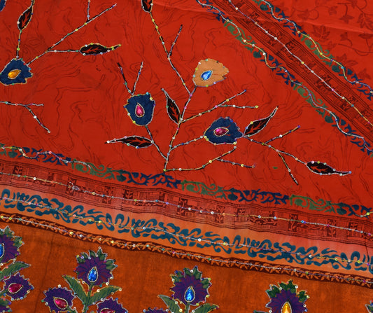 Sushila Vintage Red Orange Saree Pure Crepe Silk Printed Floral Aari Work Sari Craft Fabric