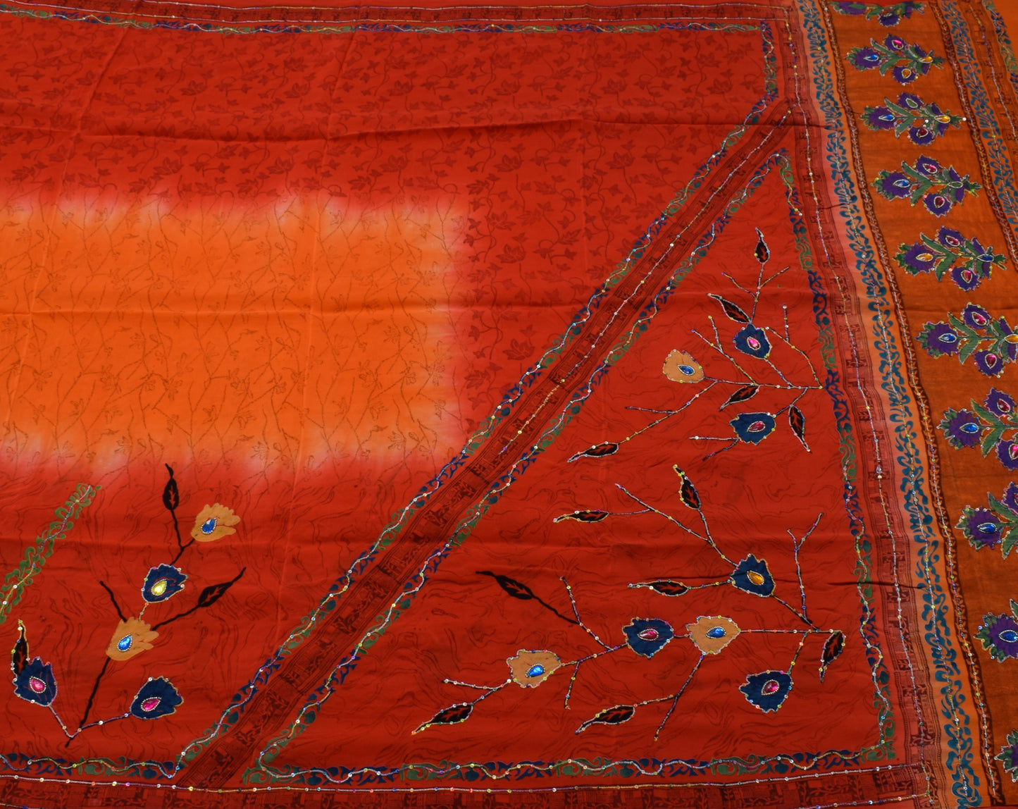 Sushila Vintage Red Orange Saree Pure Crepe Silk Printed Floral Aari Work Sari Craft Fabric