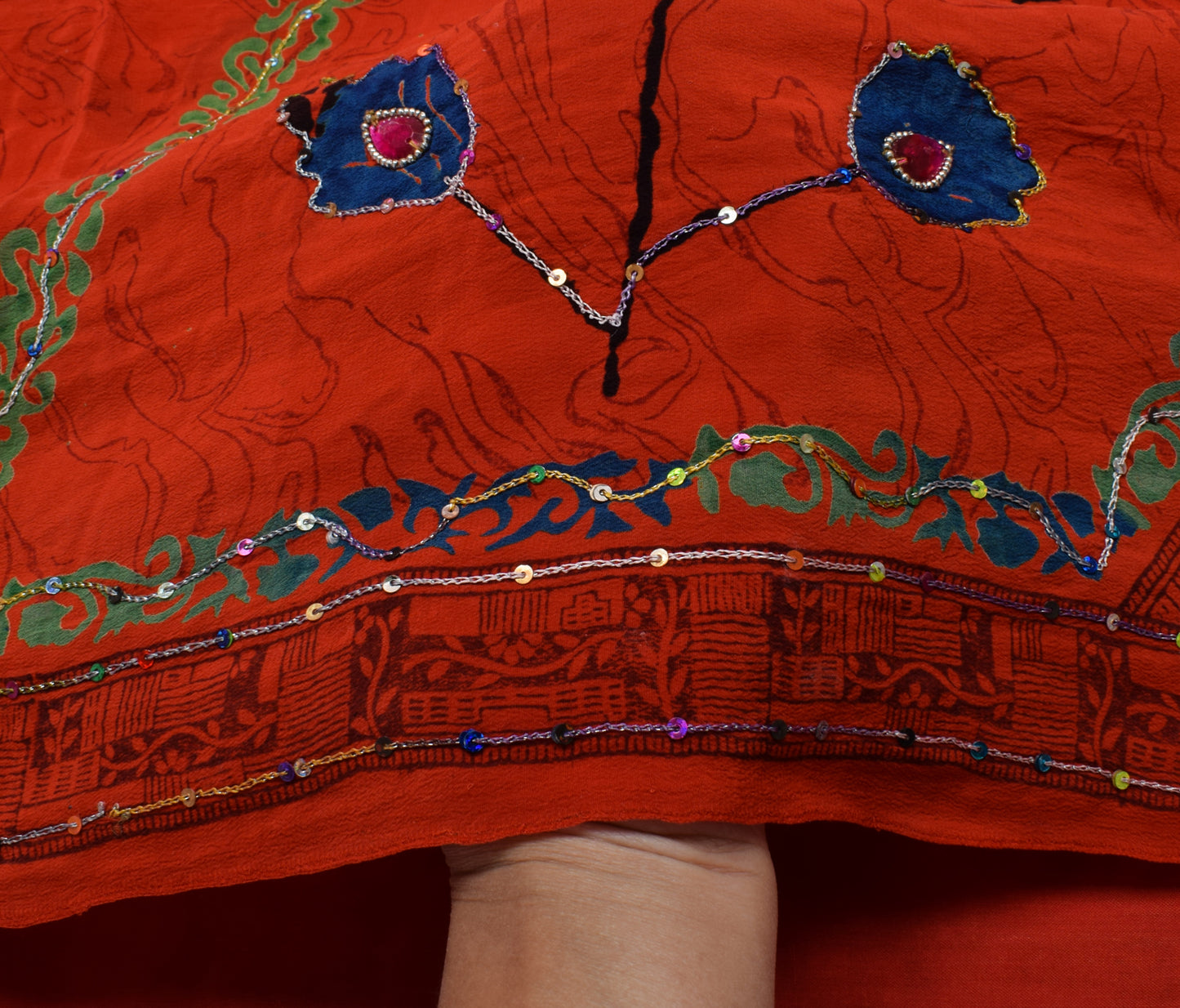 Sushila Vintage Red Orange Saree Pure Crepe Silk Printed Floral Aari Work Sari Craft Fabric