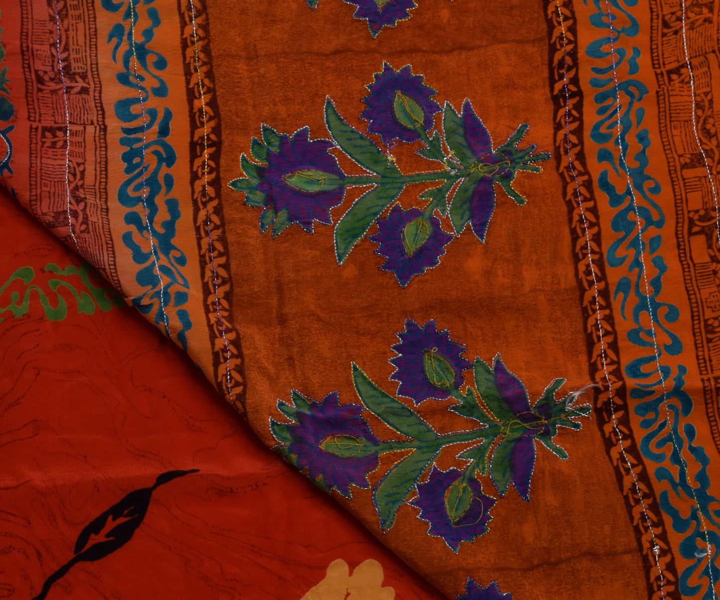 Sushila Vintage Red Orange Saree Pure Crepe Silk Printed Floral Aari Work Sari Craft Fabric