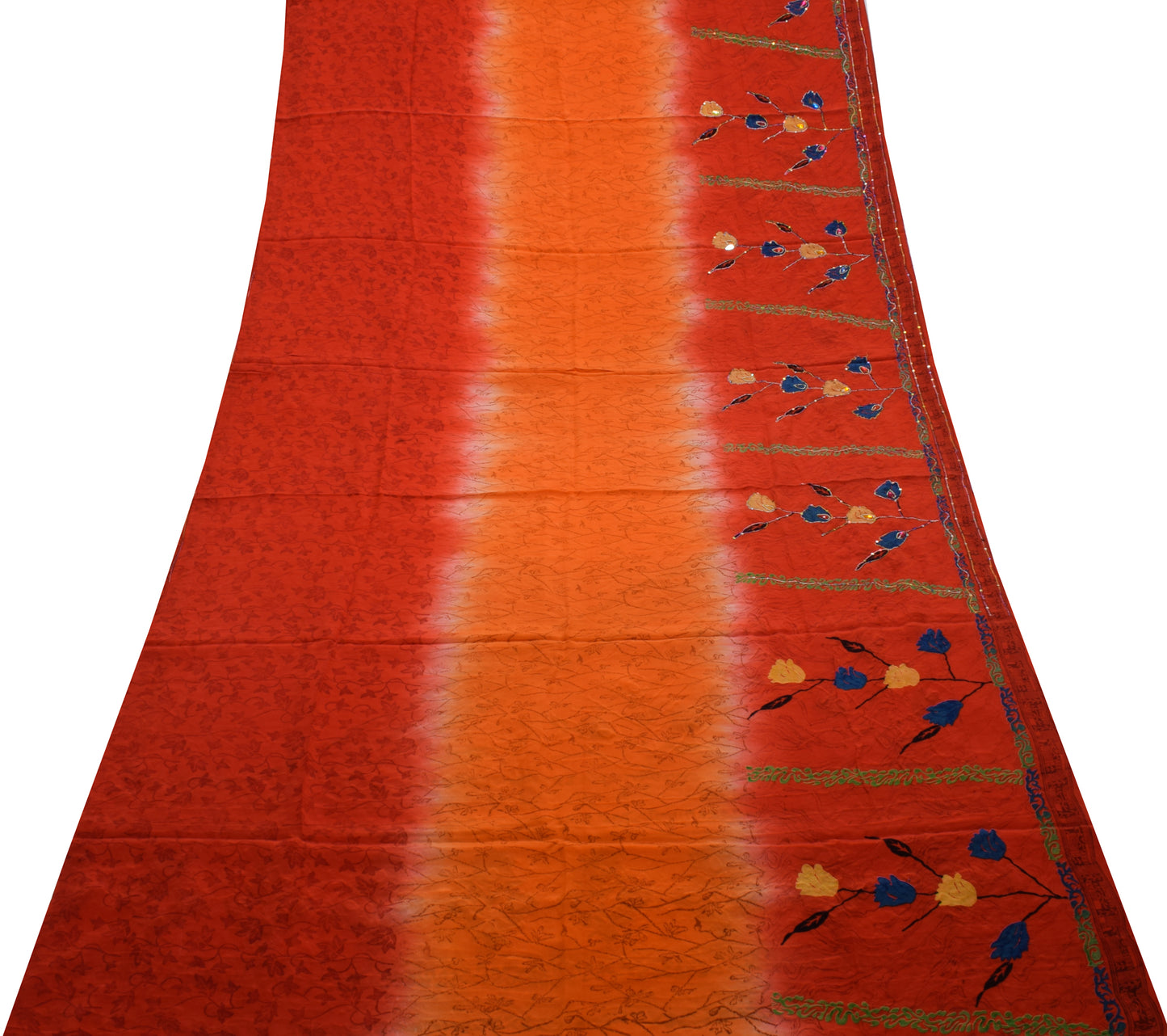 Sushila Vintage Red Orange Saree Pure Crepe Silk Printed Floral Aari Work Sari Craft Fabric