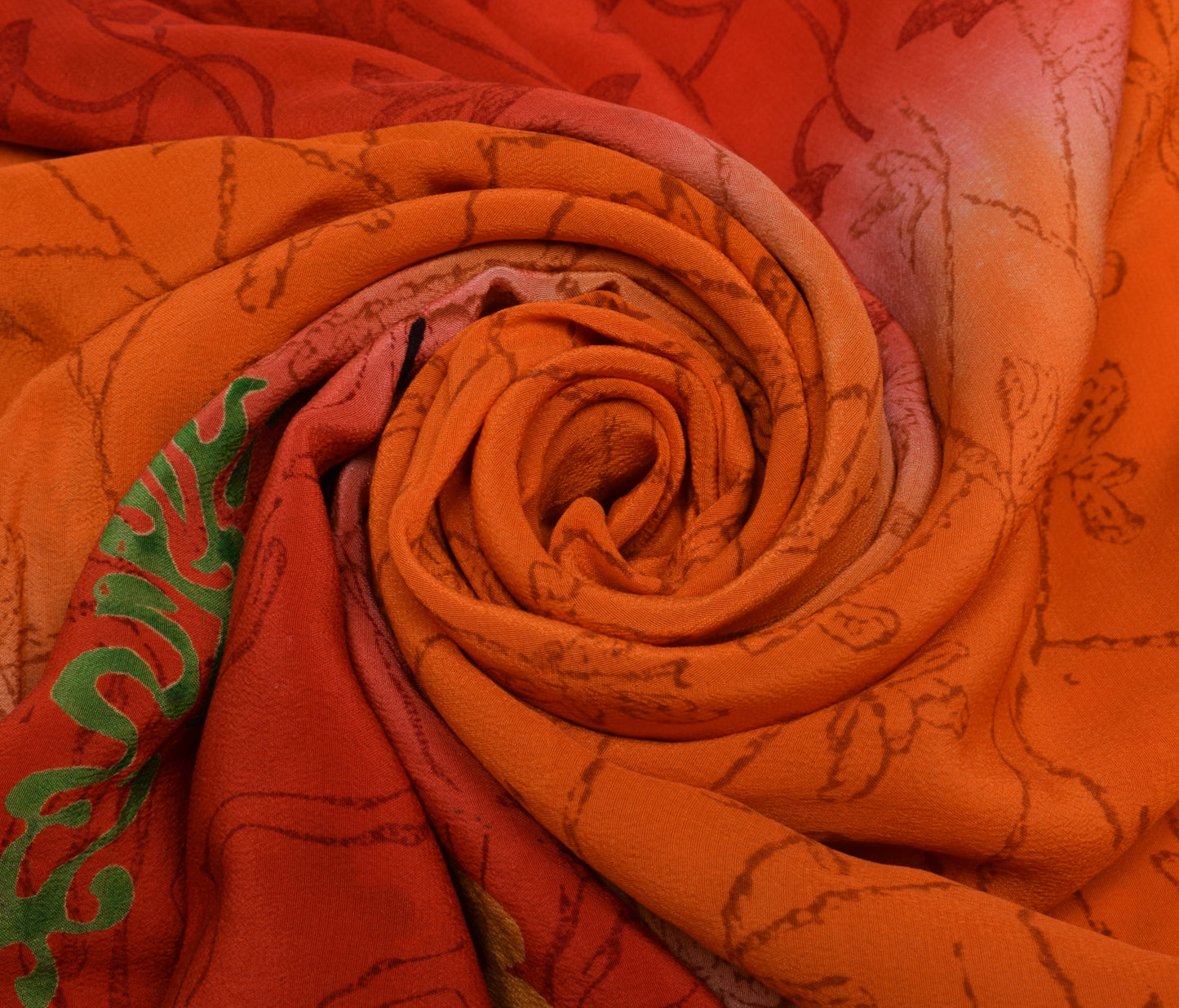Sushila Vintage Red Orange Saree Pure Crepe Silk Printed Floral Aari Work Sari Craft Fabric