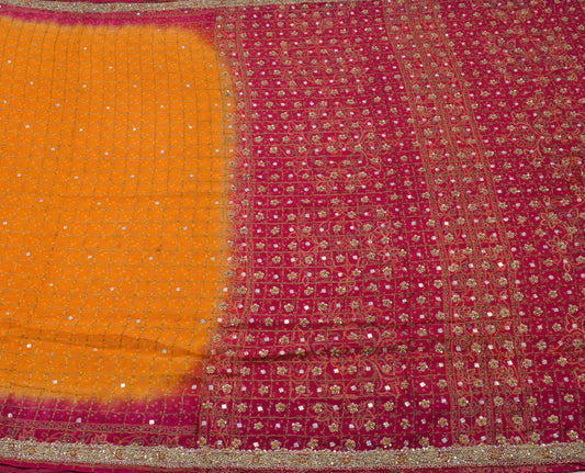 Sushila Vintage Mustard Saree Pure Silk Hand Beaded & Woven Sari Craft Fabric