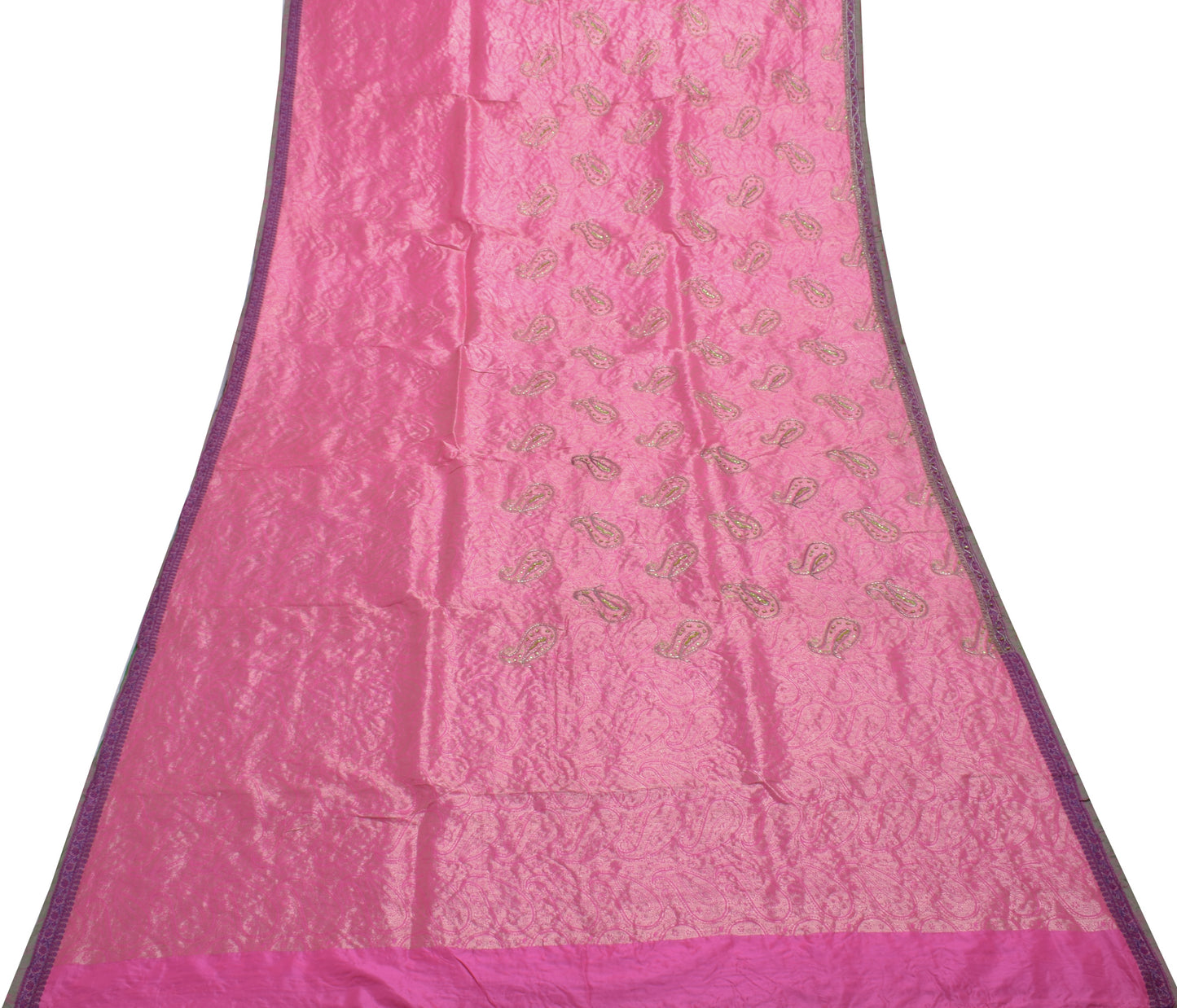 Sushila Vintage Indian Pink Saree 100% Pure Silk Woven Paisley Sari Craft Fabric