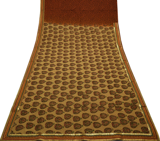 Sushila Vintage Brown Saree Pure Georgette Silk Printed Floral Sari Craft Fabric