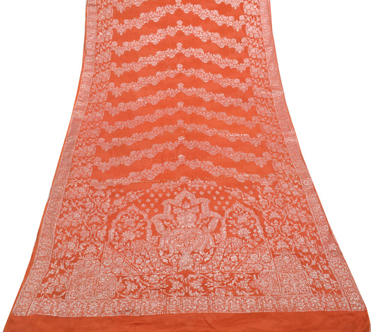 Sushila Vintage Orange Saree Pure Georgette Silk Hand Beaded & Woven Sari Fabric