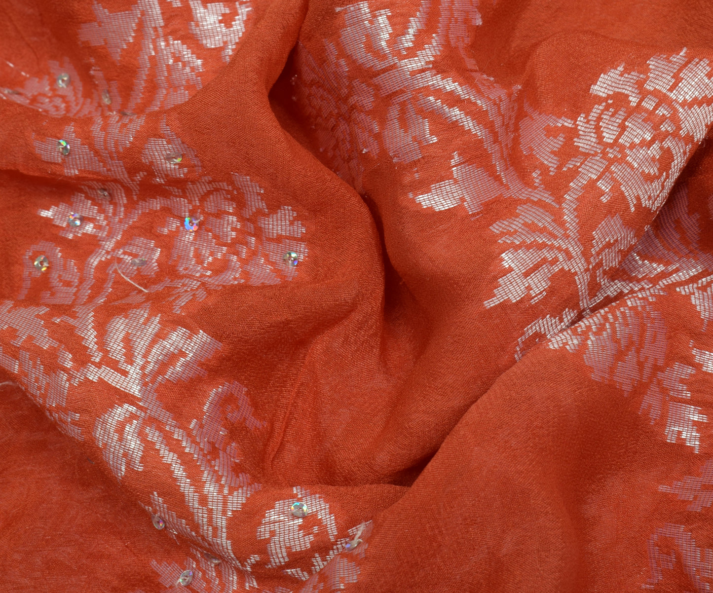 Sushila Vintage Orange Saree Pure Georgette Silk Hand Beaded & Woven Sari Fabric