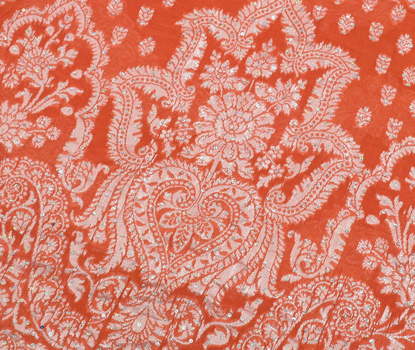 Sushila Vintage Orange Saree Pure Georgette Silk Hand Beaded & Woven Sari Fabric