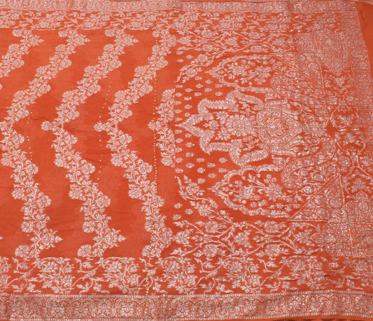 Sushila Vintage Orange Saree Pure Georgette Silk Hand Beaded & Woven Sari Fabric